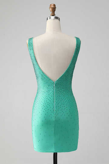 Vestido de cóctel corto sin espalda con cuello en V ajustado verde con cuentas